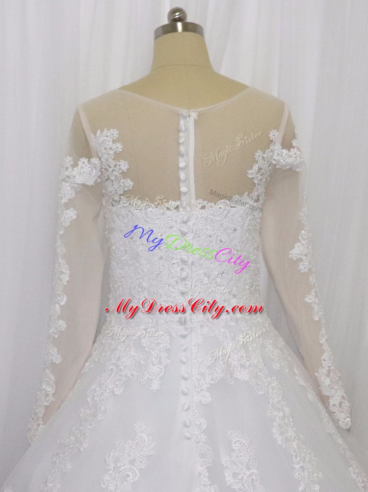 Scoop Long Sleeves Court Train Zipper Wedding Gown White Tulle