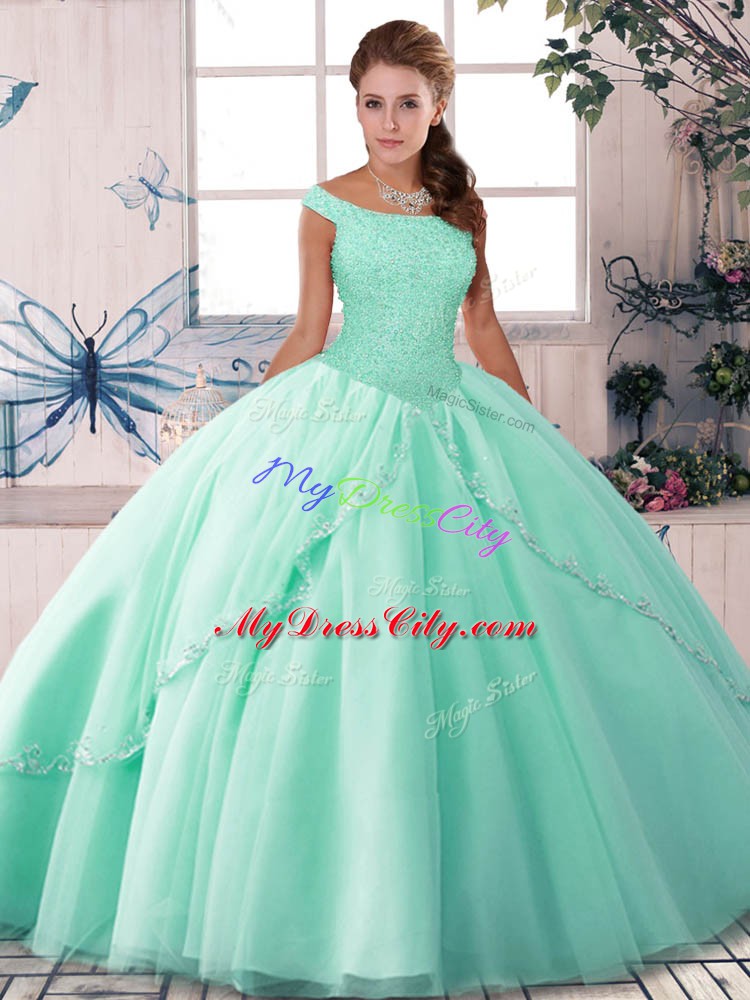 Enchanting Apple Green Ball Gowns Beading Sweet 16 Dress Lace Up Tulle Sleeveless