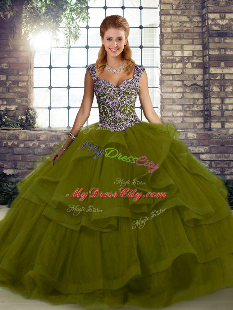 Low Price Olive Green Ball Gowns Straps Sleeveless Tulle Floor Length Lace Up Beading and Ruffles 15 Quinceanera Dress