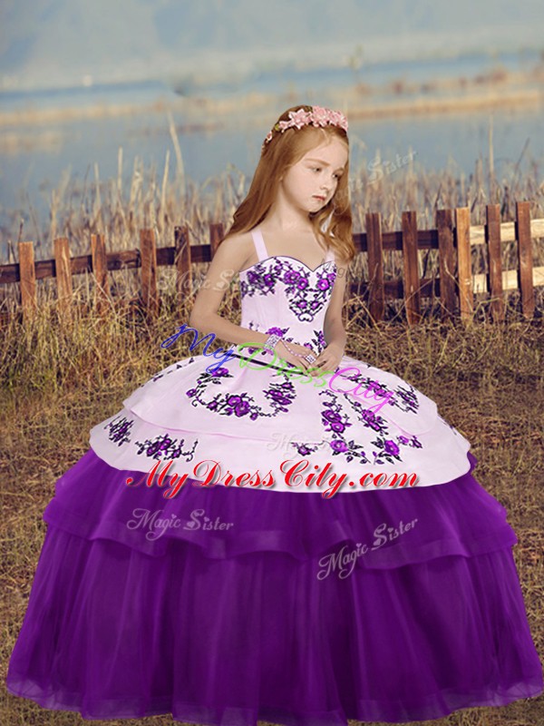 Latest Ball Gowns Child Pageant Dress Eggplant Purple Straps Tulle Sleeveless Floor Length Lace Up