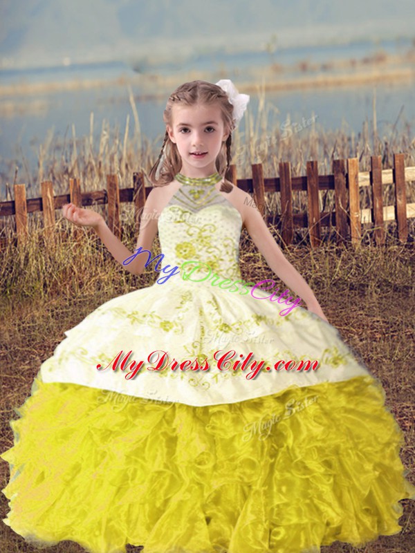 Floor Length Gold Little Girls Pageant Dress Wholesale Organza Sleeveless Beading and Embroidery and Ruffles