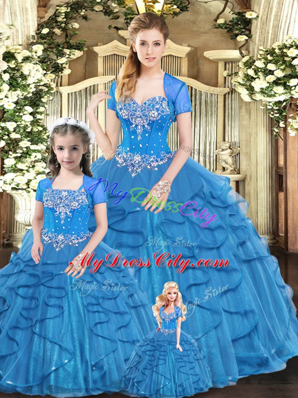 Pretty Blue Tulle Lace Up Sweetheart Sleeveless Floor Length Vestidos de Quinceanera Beading and Ruffles