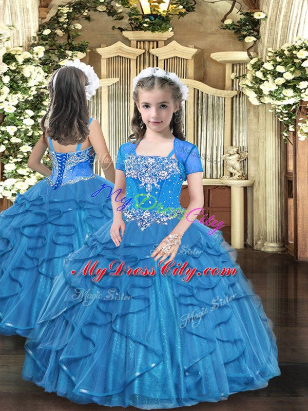 Pretty Blue Tulle Lace Up Sweetheart Sleeveless Floor Length Vestidos de Quinceanera Beading and Ruffles