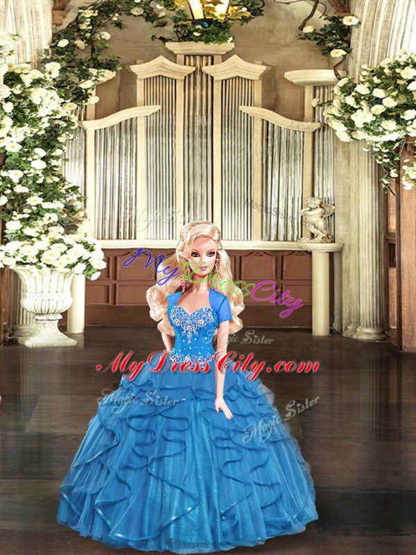 Pretty Blue Tulle Lace Up Sweetheart Sleeveless Floor Length Vestidos de Quinceanera Beading and Ruffles