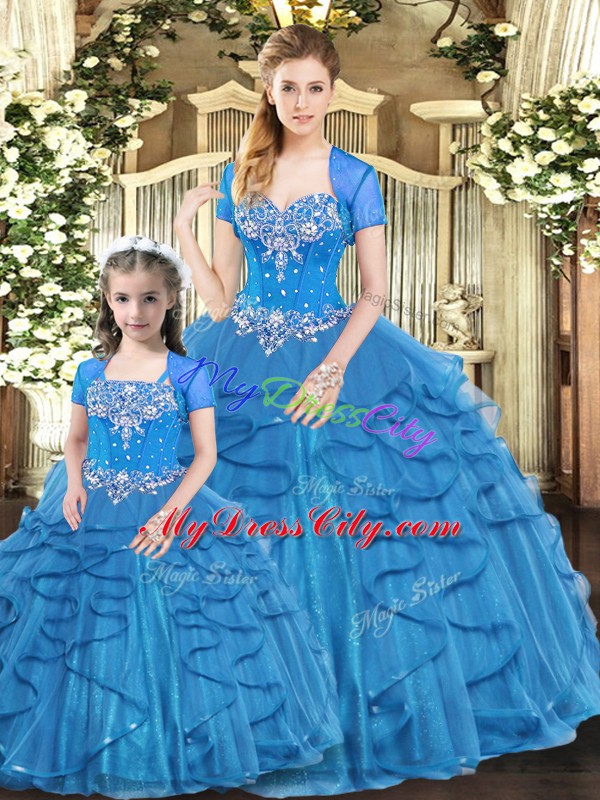 Pretty Blue Tulle Lace Up Sweetheart Sleeveless Floor Length Vestidos de Quinceanera Beading and Ruffles