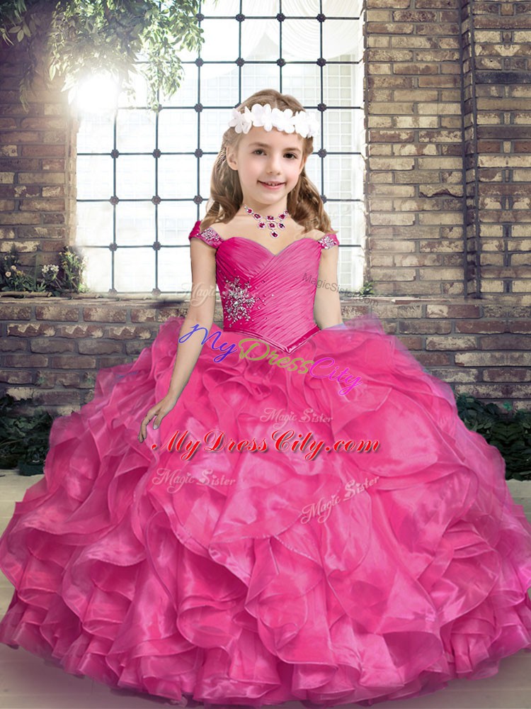 Floor Length Hot Pink Evening Gowns Organza Sleeveless Beading and Ruffles