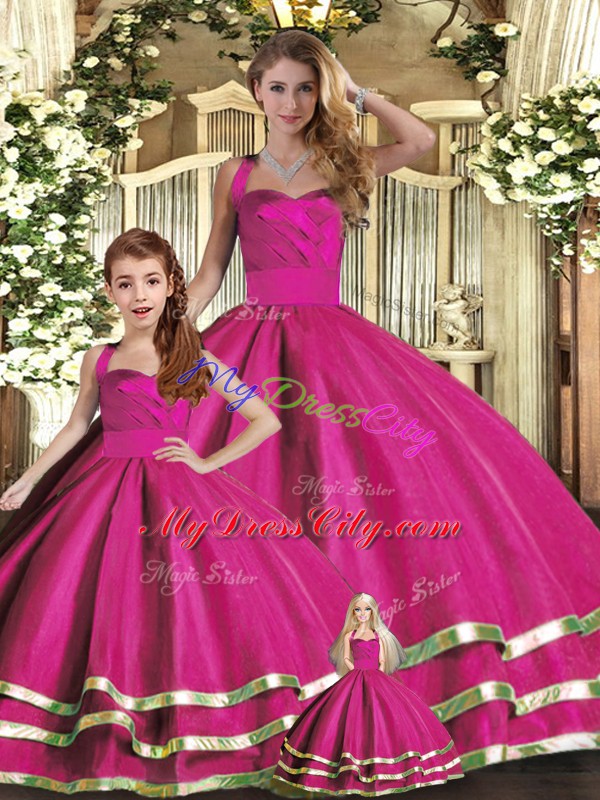 Traditional Fuchsia Sleeveless Floor Length Ruffled Layers Lace Up Quince Ball Gowns