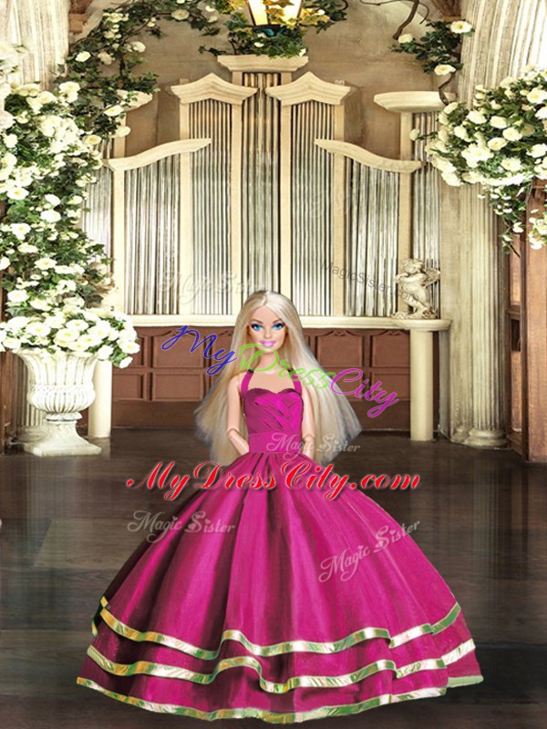 Traditional Fuchsia Sleeveless Floor Length Ruffled Layers Lace Up Quince Ball Gowns