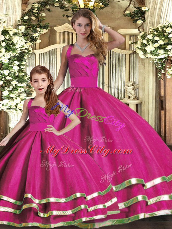 Traditional Fuchsia Sleeveless Floor Length Ruffled Layers Lace Up Quince Ball Gowns