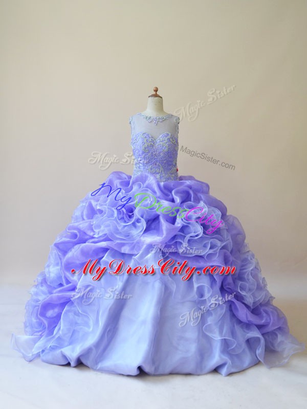 Cute Beading and Ruffles 15th Birthday Dress Lavender Zipper Sleeveless Brush Train