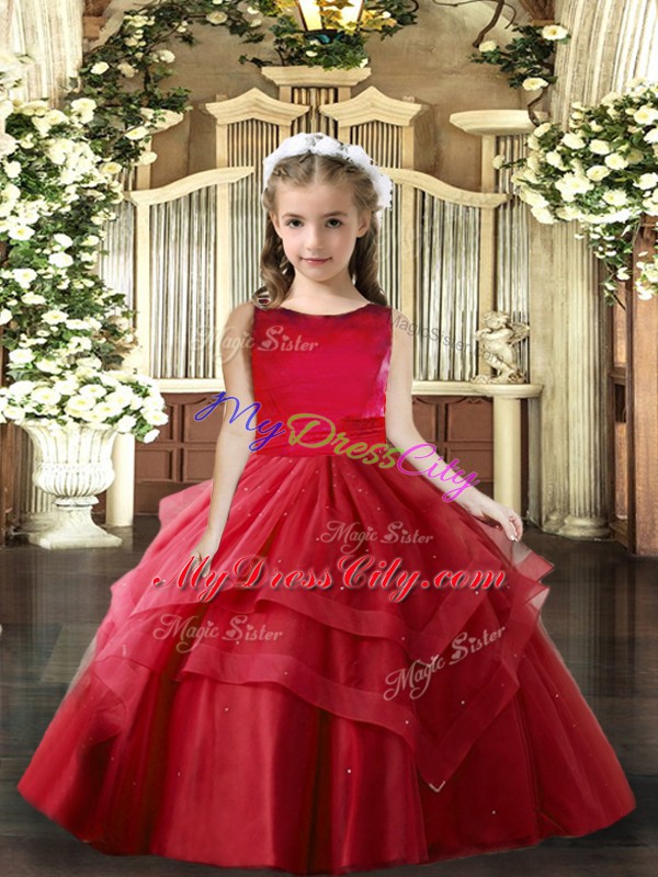 Red Lace Up Scoop Ruffled Layers Glitz Pageant Dress Tulle Sleeveless