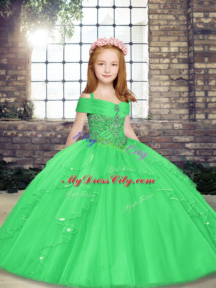 Green Sleeveless Floor Length Beading Lace Up Pageant Dress for Teens