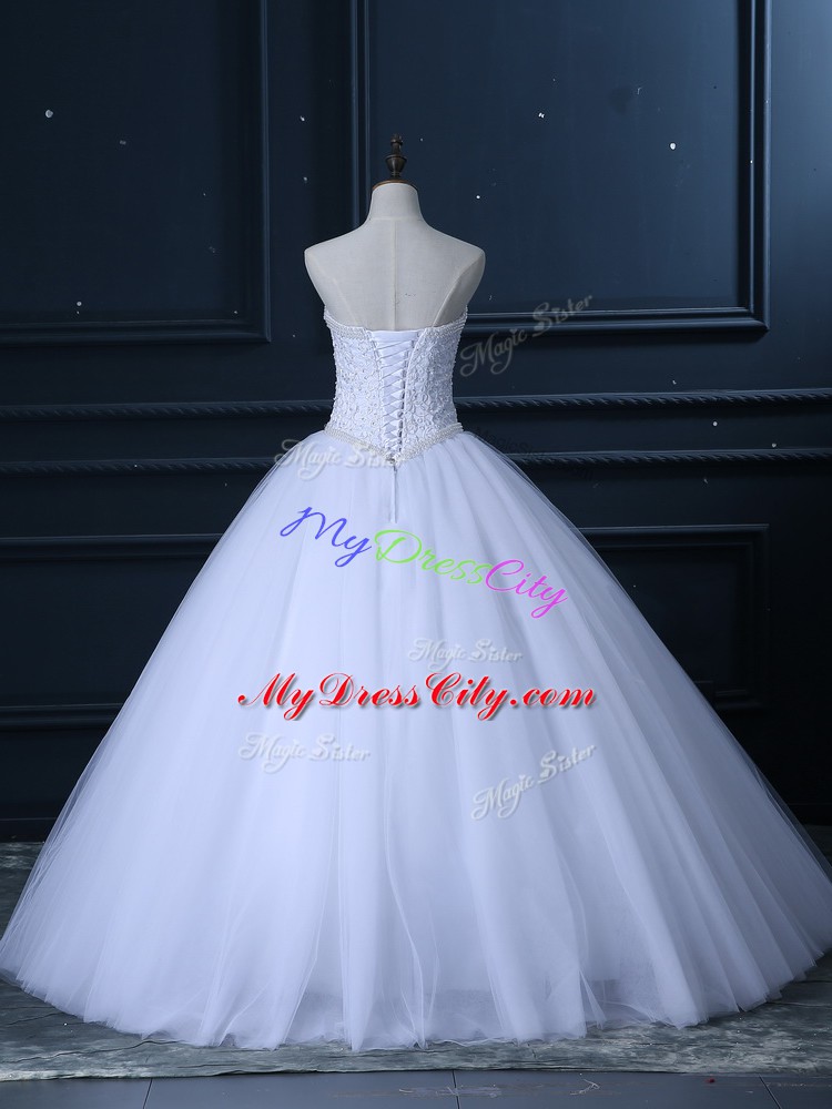 Sophisticated White Lace Up Wedding Gowns Beading and Lace Sleeveless Floor Length