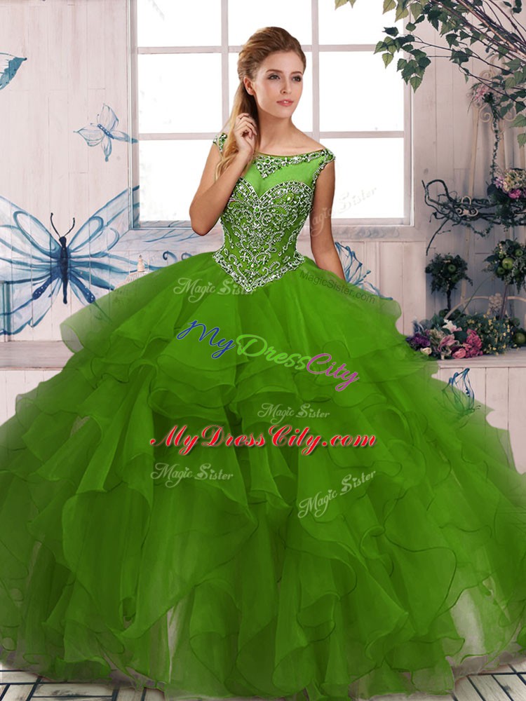 Green Ball Gowns Organza Scoop Sleeveless Beading and Ruffles Floor Length Zipper Quinceanera Gown