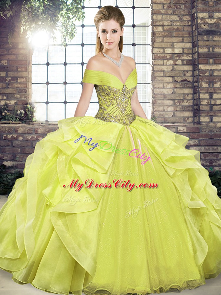 Flare Sleeveless Floor Length Beading and Ruffles Lace Up Ball Gown Prom Dress with Yellow