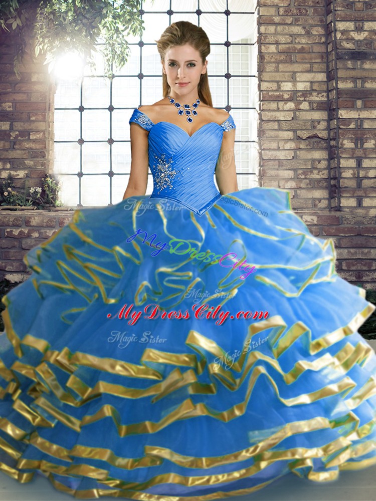 Blue Ball Gowns Off The Shoulder Sleeveless Tulle Floor Length Lace Up Beading and Ruffled Layers Sweet 16 Dresses