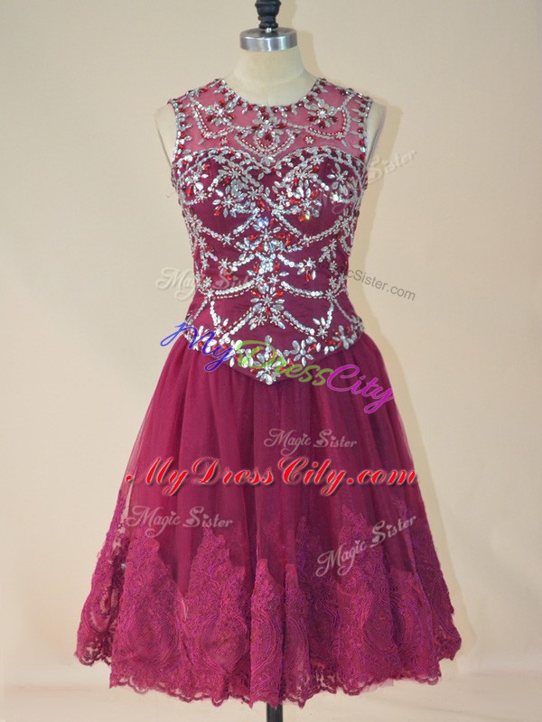 Glittering Burgundy Lace Up Scoop Beading and Lace Prom Gown Tulle Sleeveless
