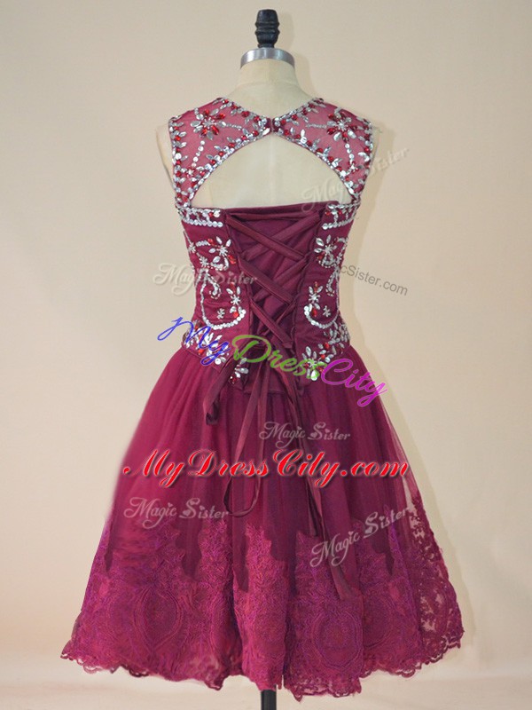 Glittering Burgundy Lace Up Scoop Beading and Lace Prom Gown Tulle Sleeveless