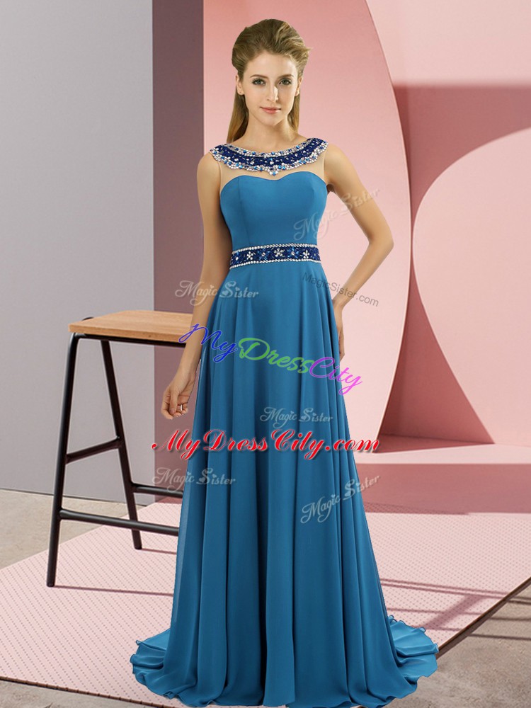 Inexpensive Blue Empire Scoop Sleeveless Chiffon Brush Train Zipper Beading Homecoming Dress