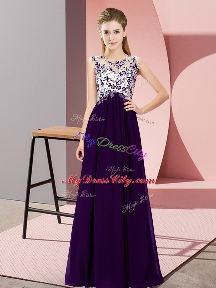 Sleeveless Floor Length Beading and Appliques Zipper Wedding Party Dress with Purple