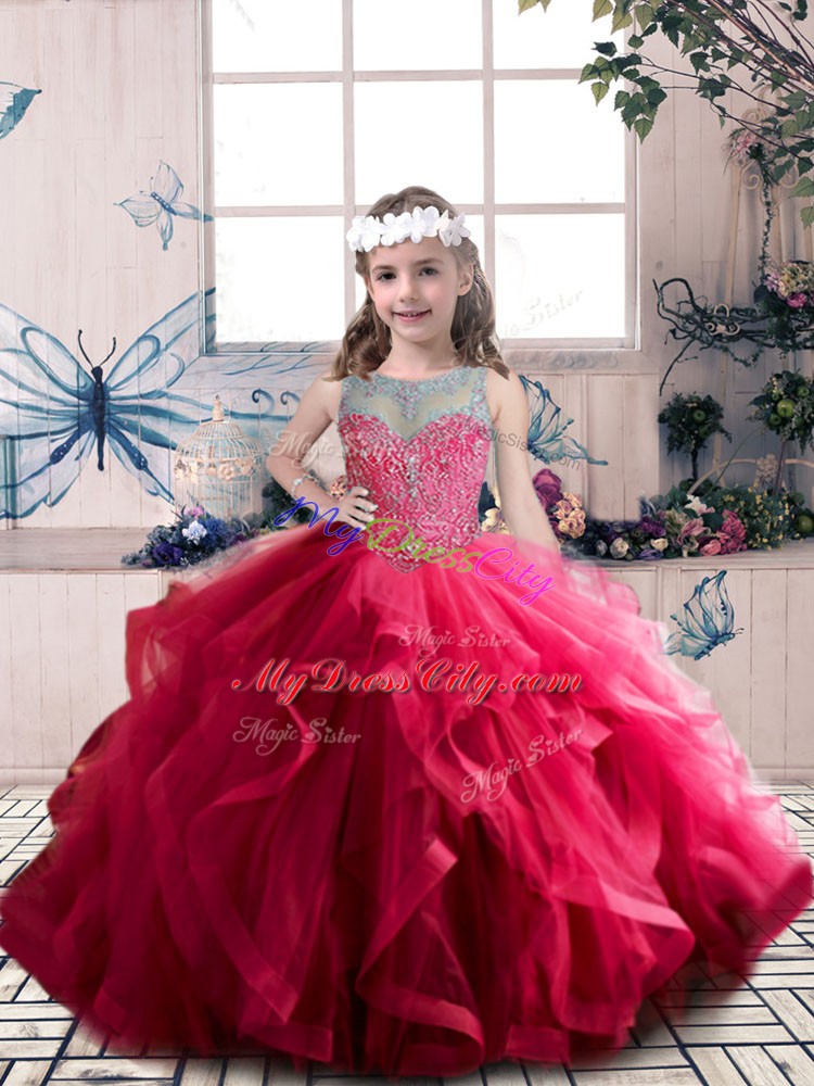 Lovely Coral Red Sleeveless Floor Length Beading and Ruffles Lace Up Child Pageant Dress