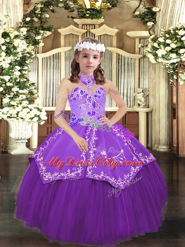 Modern Sleeveless Floor Length Embroidery Lace Up Pageant Dress for Teens with Eggplant Purple