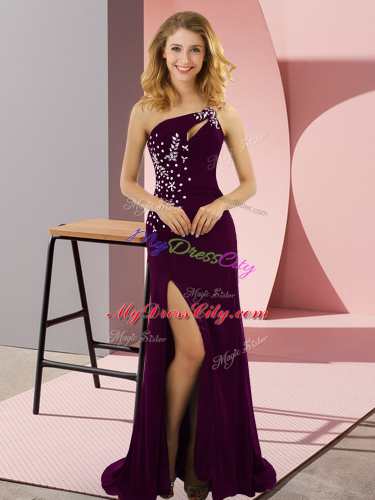 Stylish One Shoulder Sleeveless Elastic Woven Satin Prom Party Dress Beading Sweep Train Lace Up