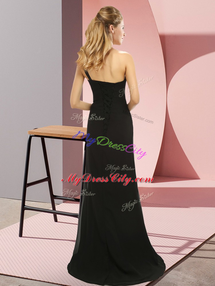 Stylish One Shoulder Sleeveless Elastic Woven Satin Prom Party Dress Beading Sweep Train Lace Up