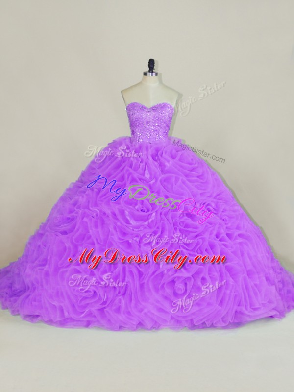 Court Train Ball Gowns 15 Quinceanera Dress Lavender Sweetheart Fabric With Rolling Flowers Sleeveless Lace Up