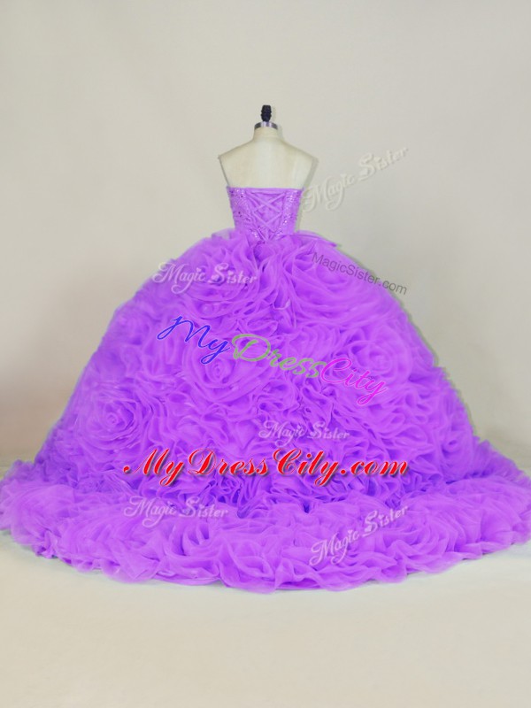 Court Train Ball Gowns 15 Quinceanera Dress Lavender Sweetheart Fabric With Rolling Flowers Sleeveless Lace Up