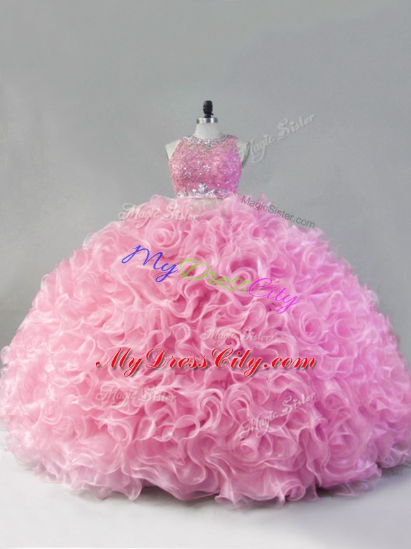 Sleeveless Fabric With Rolling Flowers Floor Length Zipper 15 Quinceanera Dress in Pink with Beading