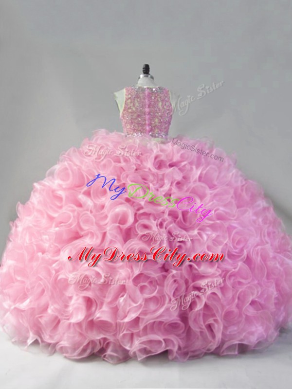 Sleeveless Fabric With Rolling Flowers Floor Length Zipper 15 Quinceanera Dress in Pink with Beading