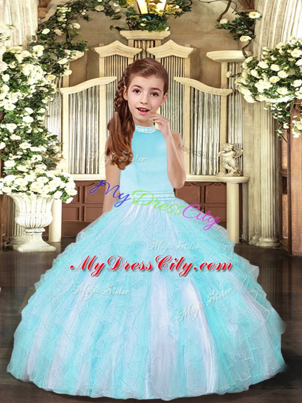 Elegant Ball Gowns Little Girls Pageant Dress Aqua Blue Halter Top Tulle Sleeveless Floor Length Backless