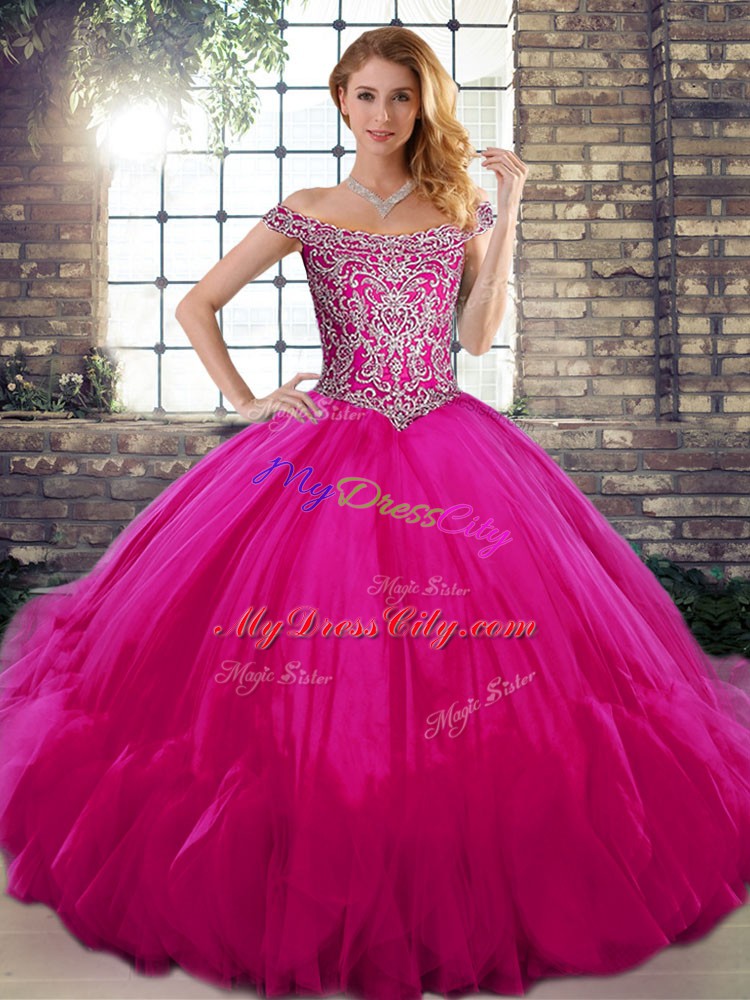 Clearance Fuchsia Ball Gowns Tulle Off The Shoulder Sleeveless Beading and Ruffles Floor Length Lace Up 15 Quinceanera Dress