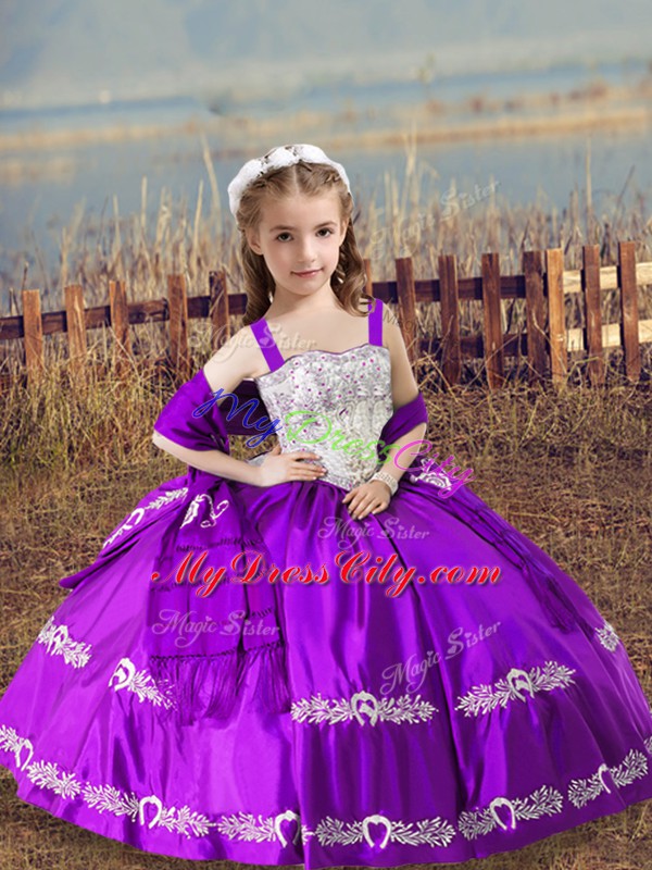 Discount Purple Straps Neckline Beading and Embroidery Little Girl Pageant Gowns Sleeveless Lace Up