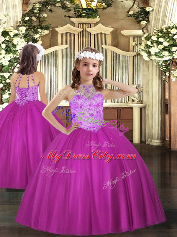 Fuchsia Tulle Lace Up Halter Top Sleeveless Floor Length Quinceanera Gowns Beading