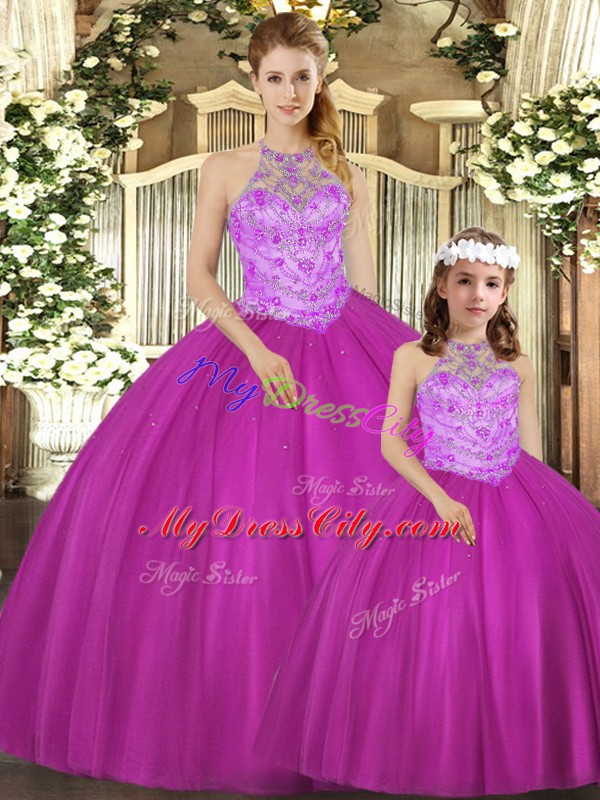 Fuchsia Tulle Lace Up Halter Top Sleeveless Floor Length Quinceanera Gowns Beading