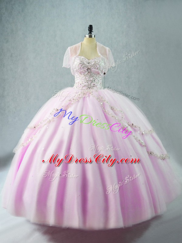 Lilac Ball Gowns Sweetheart Sleeveless Tulle Floor Length Lace Up Beading 15th Birthday Dress