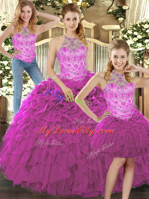 Lovely Fuchsia Halter Top Neckline Beading and Ruffles Quinceanera Gown Sleeveless Lace Up