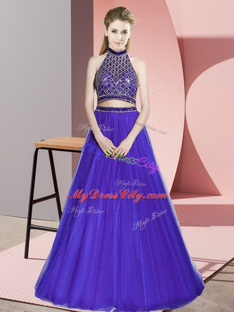 Glittering Purple Backless Winning Pageant Gowns Beading Sleeveless Floor Length