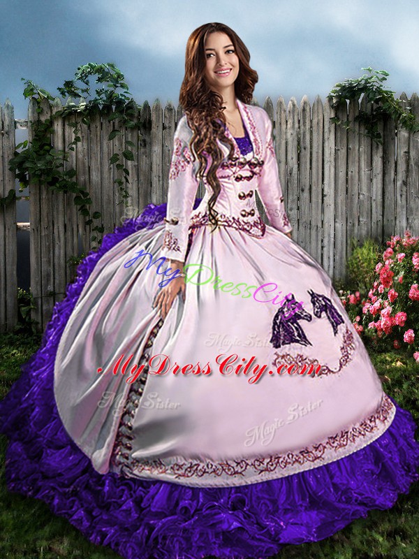 Embroidery and Ruffles Sweet 16 Quinceanera Dress White And Purple Lace Up Sleeveless Floor Length