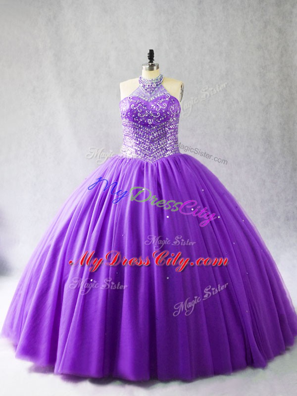 Modest Purple Ball Gowns Halter Top Sleeveless Tulle Floor Length Lace Up Beading Vestidos de Quinceanera