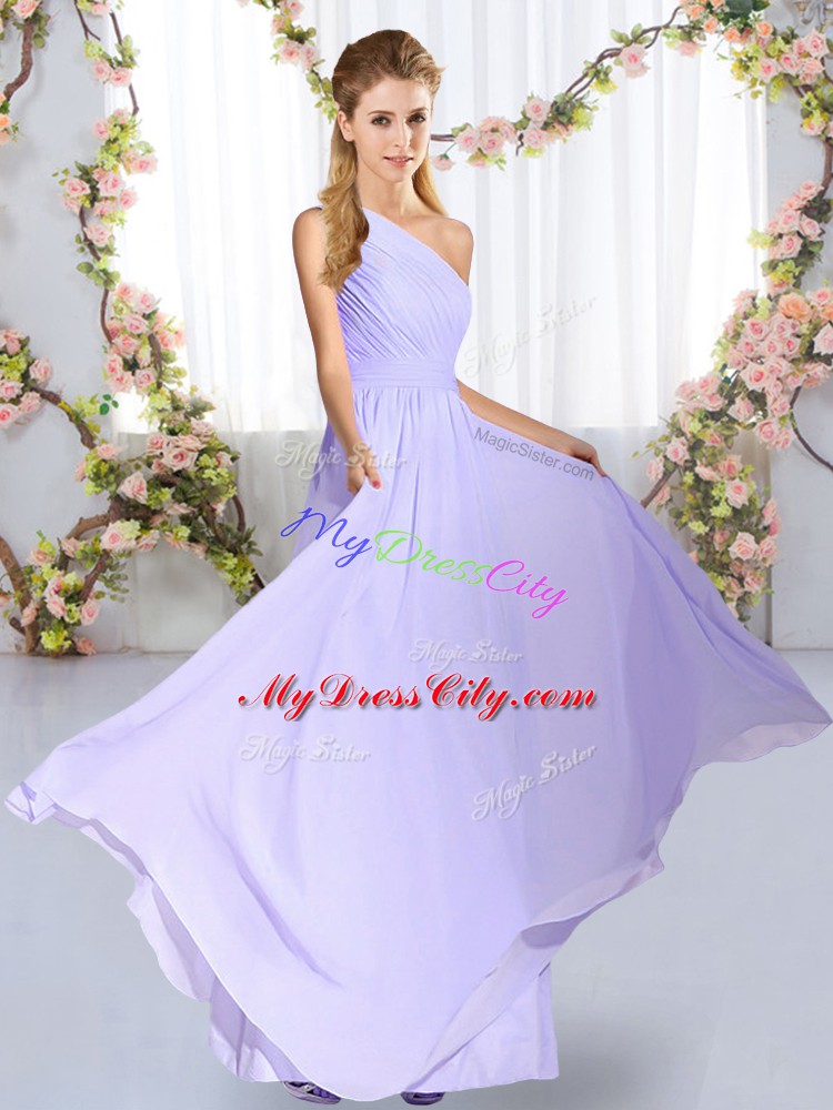 Lavender Empire Chiffon One Shoulder Sleeveless Ruching Floor Length Lace Up Dama Dress for Quinceanera