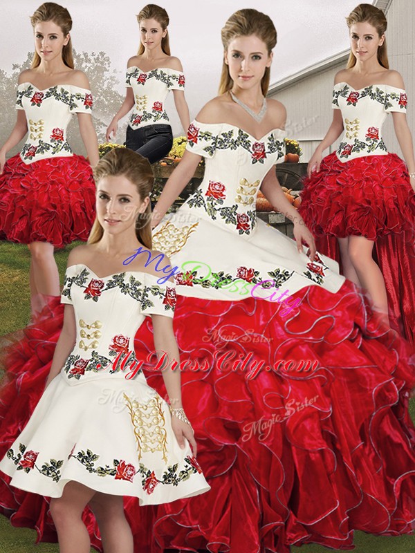 Exceptional Floor Length White And Red 15 Quinceanera Dress Off The Shoulder Sleeveless Lace Up