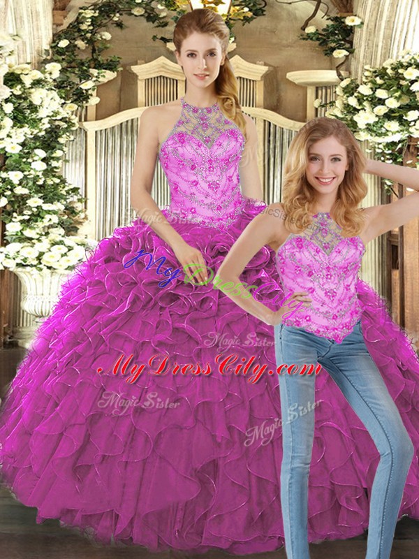 Floor Length Lace Up Quinceanera Gown Fuchsia for Military Ball and Sweet 16 and Quinceanera with Beading and Ruffles