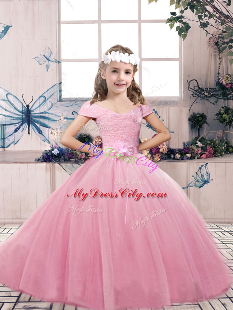 Pink Off The Shoulder Neckline Lace and Bowknot Pageant Gowns For Girls Sleeveless Lace Up