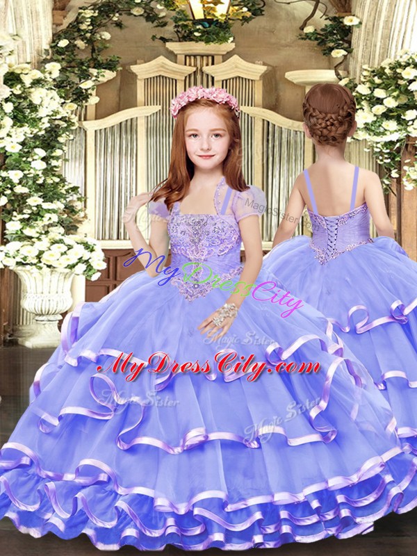 Dazzling Lavender Lace Up Little Girls Pageant Dress Beading and Ruffled Layers Sleeveless Floor Length