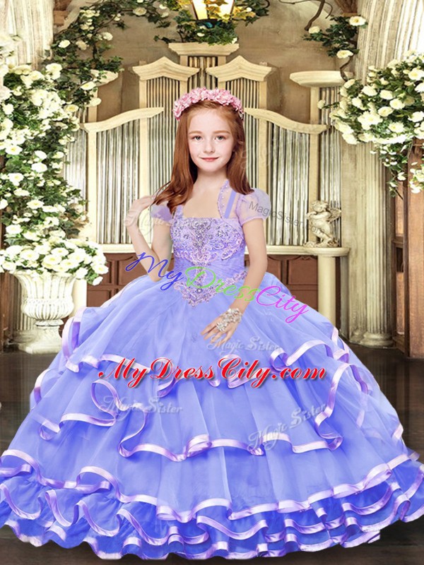 Dazzling Lavender Lace Up Little Girls Pageant Dress Beading and Ruffled Layers Sleeveless Floor Length