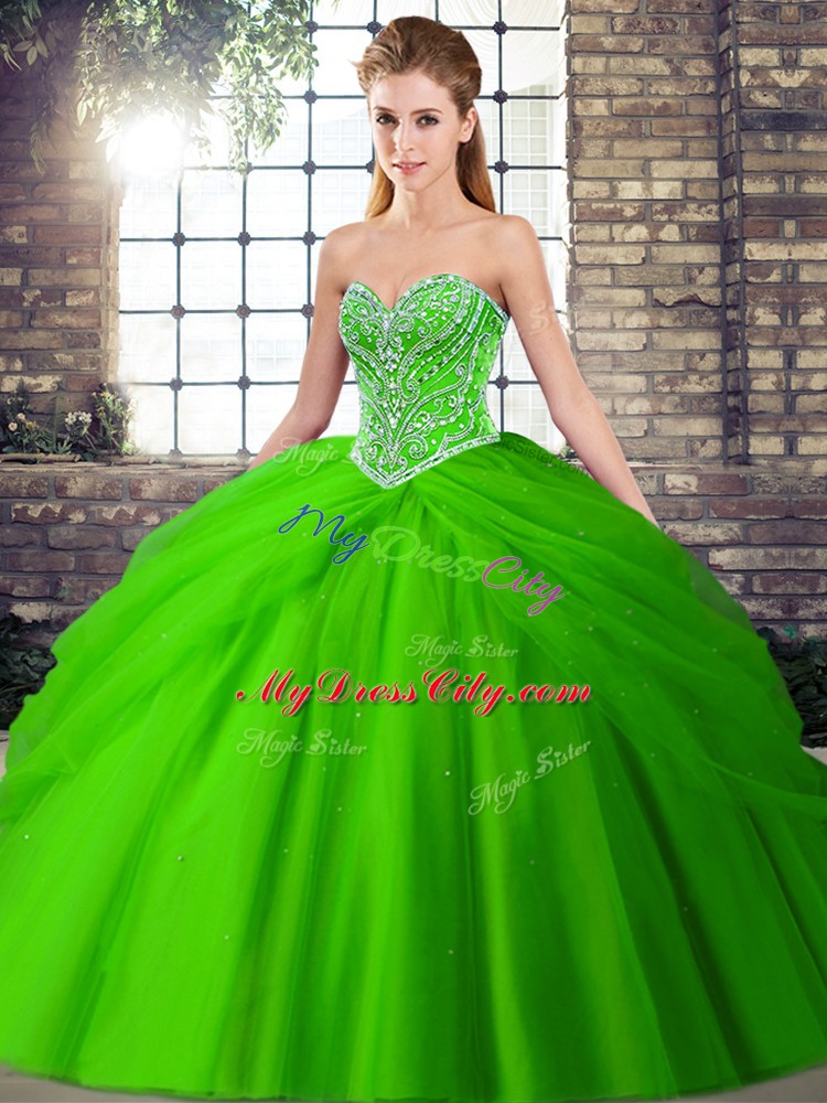 Charming Brush Train Ball Gowns Sweet 16 Dress Green Sweetheart Tulle Sleeveless Lace Up