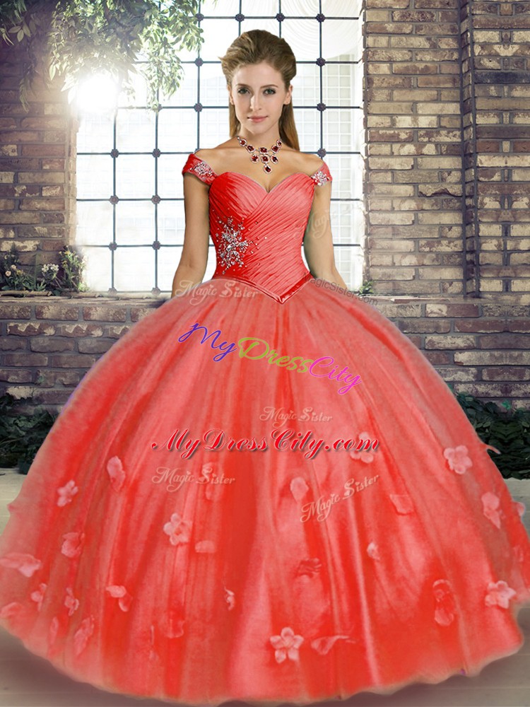 Floor Length Watermelon Red 15th Birthday Dress Tulle Sleeveless Beading and Appliques